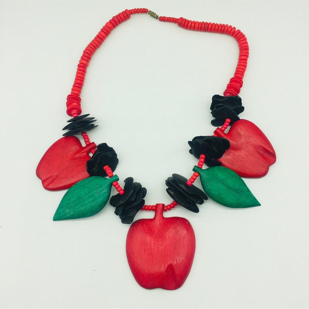 Rare and Unique Piece Carved Wood Apple Necklace Teacher Gift Autumn Fall